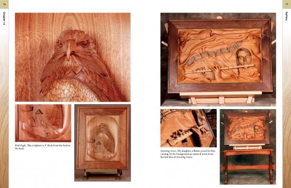 A photo book spread from Schiffer Publishing, Ltd.'s Deep Relief Wood Carving showcases a carved bald eagle (close-up and full view) plus four views of a 3D relief sculpture with a face, musical notes, and a bird in detailed woodwork.