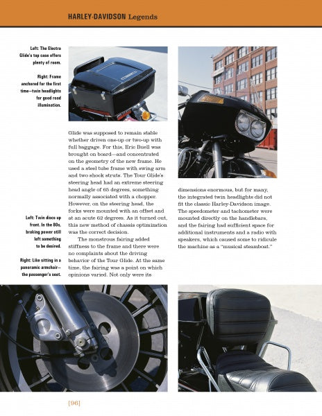 Harley-Davidson Legends by Schiffer Publishing, Ltd. showcases a Harley-Davidson motorcycle with a front fairing and rear storage case from various angles, featuring descriptive text on the bike’s features and history.