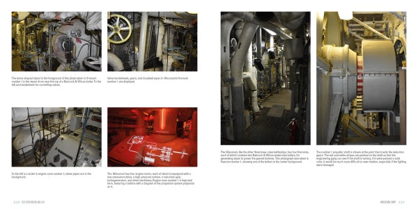 A magazine spread features six photos of submarine engine rooms and machinery, with complex pipes, valves, engines, and a red-lit diagram—similar to the USS Wisconsin (BB-64). Technical captions appear under each image. Published by Schiffer Publishing, Ltd.