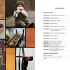 On the right, "Living with Wood" by Schiffer Publishing, Ltd. displays a table of contents listing chapters and pages. On the left are photos: a baby with a wooden spoon, wood anatomy, a carved bowl, dock, spoon, and chair edge.