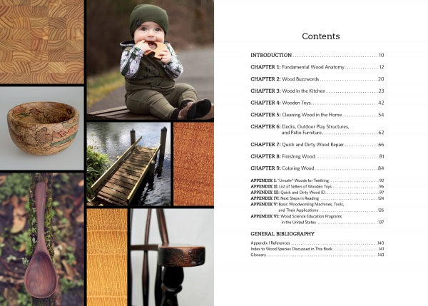 On the right, "Living with Wood" by Schiffer Publishing, Ltd. displays a table of contents listing chapters and pages. On the left are photos: a baby with a wooden spoon, wood anatomy, a carved bowl, dock, spoon, and chair edge.