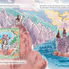An illustrated storybook scene from *The Bravest Knight Who Ever Lived* (Schiffer Publishing, Ltd.) shows a knight on horseback by a river and castle, with an ornate inset of his ride and text describing his journey and love for pumpkin pie.