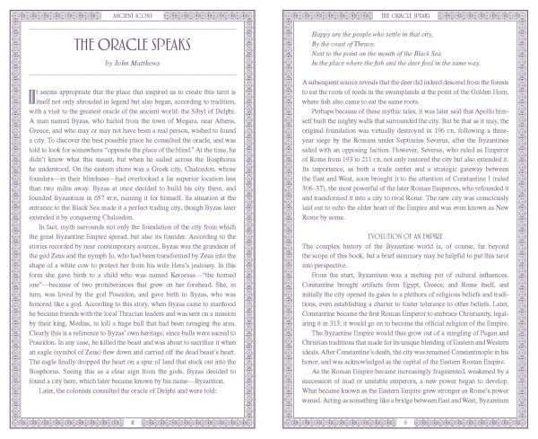 A two-page spread from "The Oracle Speaks" explores ancient Greek oracles at Delphi and their religious influence, highlighting connections to later practices like The Byzantine Tarot by Schiffer Publishing, Ltd.