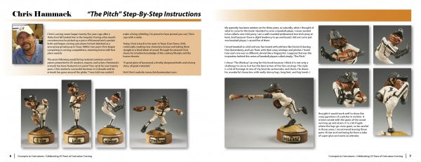 Schiffer Publishing, Ltd.'s "Concepts to Caricatures" offers step-by-step instructions for carving a baseball pitcher figure, with photos of the artist, detailed images of the finished sculpture, and inspiring woodcarving patterns.