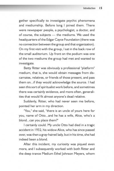 A page from "The Spirit Connection" introduces the book's exploration of psychic phenomena, sharing experiences with mediums and detailing Dr. Hans Holzer's account of a medium identifying his deceased uncle and contacting the spirit world.