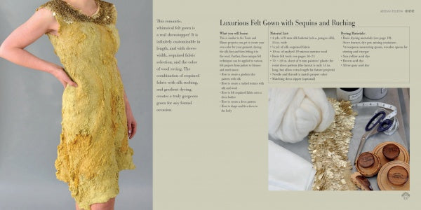 A person showcases a sleeveless yellow felt gown with gold sequins, crafted using techniques from "Artisan Felting" by Schiffer Publishing, Ltd., alongside a visual guide featuring wool, sequins, scissors, and thread.
