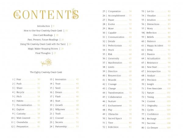 Table of contents for The Creativity Oracle by Schiffer Publishing, Ltd., featuring sections like the introduction, deck instructions, and a numbered list of 80 themes such as Fear, Push, Risk, Curiosity, Cooperation, and Vision.