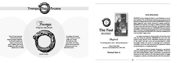 A two-page spread from Schiffer Publishing’s The Ring Cycle Tarot: the left page shows an ouroboros and text, while the right features The Fool card with illustration and description, evoking Arthur Rackham’s style.