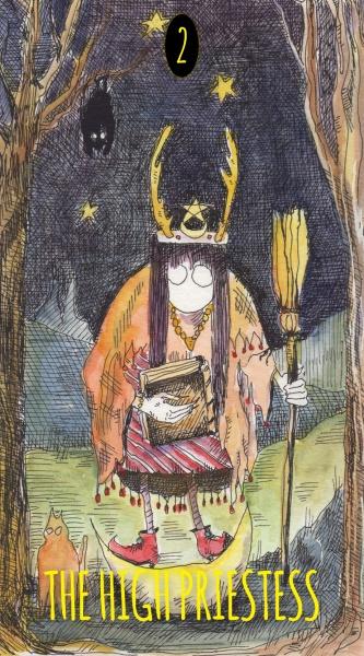 The Shadowland Tarot by Schiffer Publishing, Ltd. features The High Priestess—a whimsical card with a cloaked figure, glasses, antlers, crown, book, and broom, standing in a moonlit forest with an owl and cat—ideal for healing trauma.