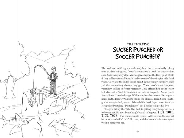A black-and-white illustration from "Just One Thing!" by Schiffer Publishing, Ltd. shows two kids fishing on a dock. One girl catches a boot, the boy watches, and sharks swim below—setting the scene for Chapter Five of this humorous book for ages 8-12.