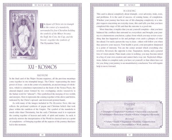 The XXI - Kosmos card in The Byzantine Tarot by Schiffer Publishing, Ltd. depicts a robed figure with a wreath, embodying fulfillment and wholeness, with upright and reversed meanings inspired by the grandeur of Byzantium.