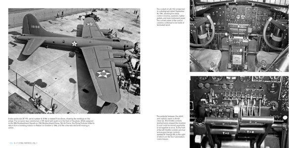 A black-and-white photo spread from "B-17 Flying Fortress, Vol. 2" by Schiffer Publishing, Ltd. displays the bomber on an airfield (left) and detailed cockpit and instrument panel close-ups (right) with visible controls and gauges.
