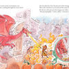 A red dragon bursts through a tower door, breathing fire at kids and a knight as pumpkins burn. Inset: the children eat roasted pumpkin with the dragon nearby. This colorful scene is from "The Bravest Knight Who Ever Lived" by Schiffer Publishing, Ltd.