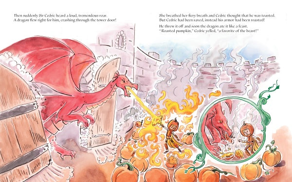 A red dragon bursts through a tower door, breathing fire at kids and a knight as pumpkins burn. Inset: the children eat roasted pumpkin with the dragon nearby. This colorful scene is from "The Bravest Knight Who Ever Lived" by Schiffer Publishing, Ltd.