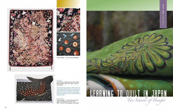 A magazine spread for Schiffer Publishing, Ltd.'s Japanese Contemporary Quilts and Quilters shows modern Japanese quilts—a floral quilt, circular patterns, and a bird—under the headline Learning to Quilt in Japan: Two Schools of Thought.