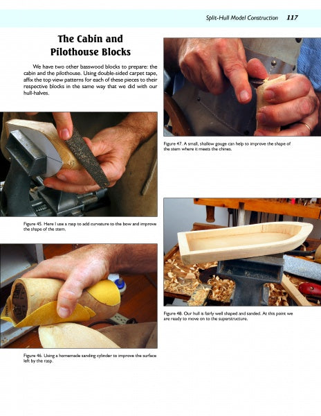 A page from "Fundamentals of Model Boat Building" by Schiffer Publishing, Ltd. features four images showing hands shaping a wooden model boat hull with tools like a rasp, chisel, and sanding cylinder, plus technique captions.