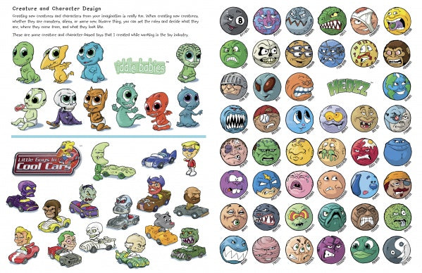 Creatures and Characters" by Schiffer Publishing, Ltd. showcases vibrant cartoon creatures, aliens, monster faces, bright round expressions, and small cars with expressive drivers—ideal for a children's art book on a crisp white background.