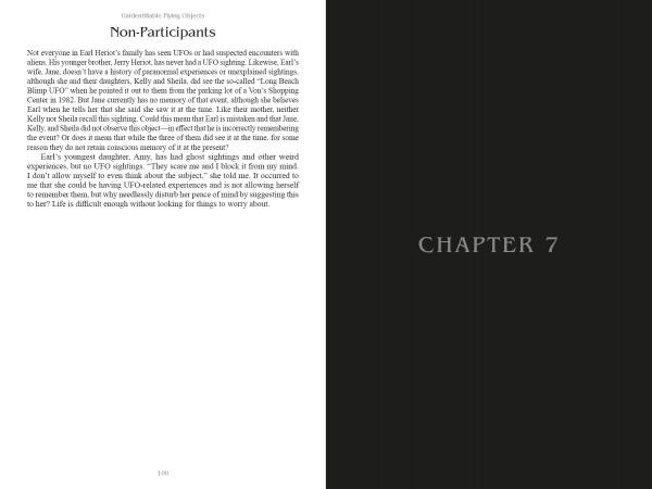 A spread from "Unidentifiable Flying Objects" by Schiffer Publishing, Ltd. shows 'Non-Participants'—about relatives not engaged in UFO research—on the left page, and CHAPTER 7 in large letters on a plain black background on the right.