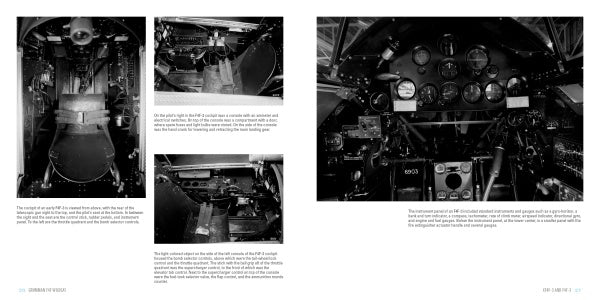 A book spread from Schiffer Publishing, Ltd. features four black-and-white photos of Grumman F4F Wildcat cockpits, highlighting detailed panels, levers, and gauges with captions explaining parts and functions.