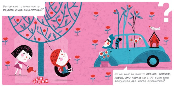 A girl waters a small tree while a boy swings from it. Another person adds plants to a blue car. Speech bubbles discuss sustainability and emotional intelligence for kids, featuring Feelings Forecasters by Schiffer Publishing, Ltd. Pink background with red flowers.
