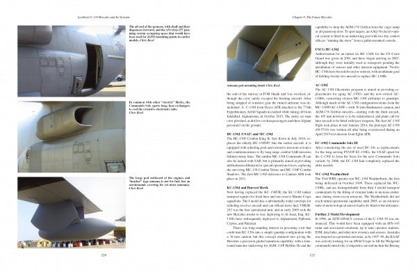 A two-page spread from Schiffer Publishing, Ltd.'s "Lockheed C-130 and Its Variants" shows four close-up photos of the airlifter's underside with text on its technical features—perfect reference for scale modellers.