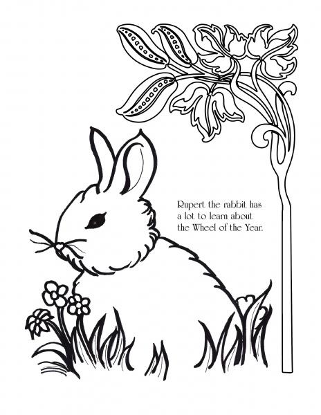 A coloring page from Rupert's Tales by Schiffer Publishing, Ltd. shows a rabbit in grass and flowers beside a big bloom. Text: Rupert the rabbit has much to learn about the Wheel of the Year in this magical activity book.