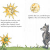 Illustration for the children’s science book "Sun & Moon Take Turns" by Schiffer Publishing, Ltd.: forest animals discuss day-and-night cycles as Bear holds a “You Ask, I’ll Solve!” sign and Owl holds “Give the Moon a Shot” under sun and moon.