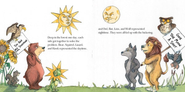 Illustration for the children’s science book "Sun & Moon Take Turns" by Schiffer Publishing, Ltd.: forest animals discuss day-and-night cycles as Bear holds a “You Ask, I’ll Solve!” sign and Owl holds “Give the Moon a Shot” under sun and moon.