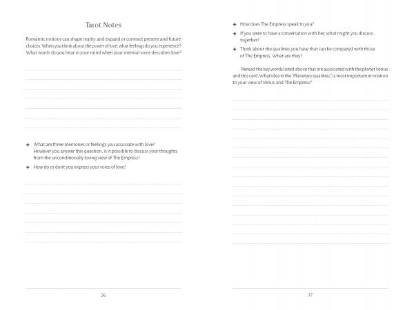 A two-page spread from the Mystic Spirit Tarot Playbook by Schiffer Publishing, Ltd., featuring prompts and lined spaces for reflections on love, intuition, personal growth, and The Empress card from the Major Arcana.