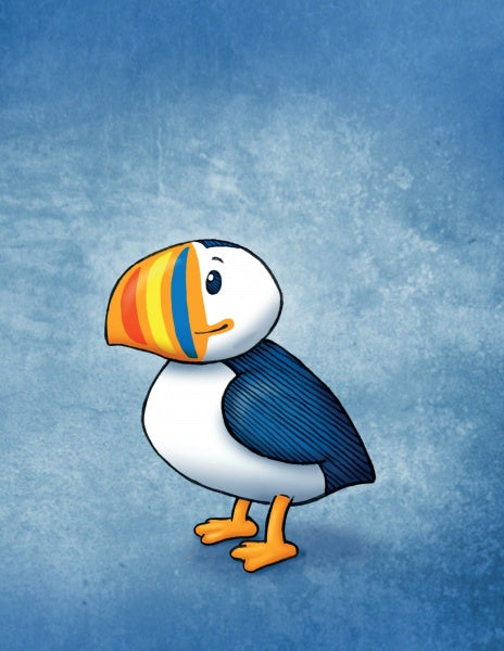 A cartoon bird from "The Angry Little Puffin" by Schiffer Publishing, Ltd.—ideal for children's books or fans of classic puffin picture books.