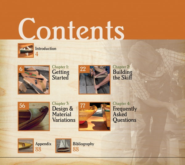 Table of contents page for "How to Build a Flatiron Skiff" by Schiffer Publishing, Ltd., showing chapter titles, page numbers, and images of skiff construction and tools on a wood-patterned background with orange accents.