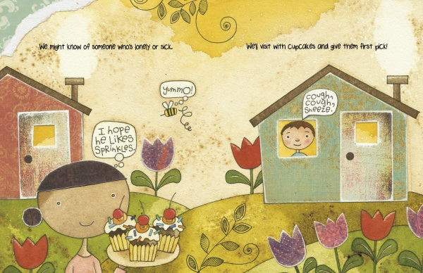 In "Change the World Before Bedtime" by Schiffer Publishing, Ltd., a cheerful girl with cupcakes and a boy sneezing from a window enjoy a lively outdoor scene with tulips, a bee, and playful thoughts in this illustrated story for ages 5-8.