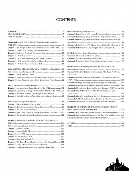The "Conquest of the Skies" by Schiffer Publishing, Ltd. features a table of contents with chapters and sections on military aviation history from 1914–1945, covering topics like inflight refueling. Content is organized into a prologue, four parts, and an index.
