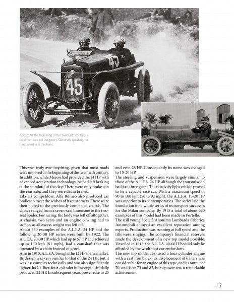 A striking black and white photo from "Alfa Romeo: A Century of Innovation" by Schiffer Publishing, Ltd. captures a vintage race car with number 45, two helmeted drivers, and a small image of a similar vehicle evoking classic automotive history.