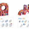 Two colorful, abstract 3D structures built from Schiffer Publishing's ArchiPop kit are shown with assembly diagrams. The left is circular ("OCLOC"); the right has arches and towers ("SIOSEPOL")—perfect for creative building fun.
