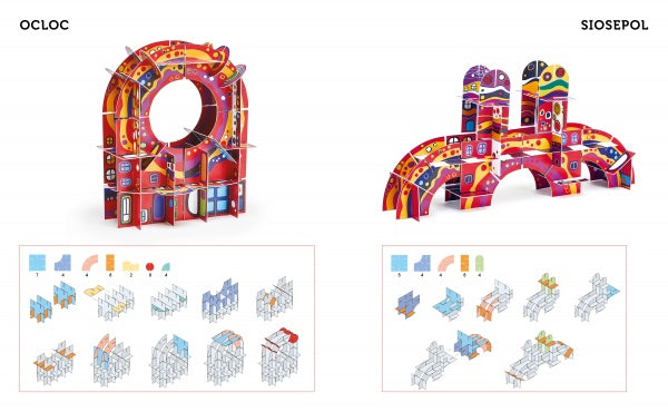 Two colorful, abstract 3D structures built from Schiffer Publishing's ArchiPop kit are shown with assembly diagrams. The left is circular ("OCLOC"); the right has arches and towers ("SIOSEPOL")—perfect for creative building fun.
