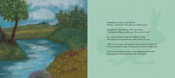 A peaceful landscape with a river, grassy banks, trees, wildflowers, and hills evokes the magical world of Rupert's Tales: Learning Magick by Schiffer Publishing, Ltd. Green text on pale green with a rabbit outline appears on the right.