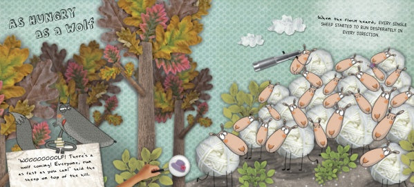Illustration from "The Hungry Wolf" by Schiffer Publishing, Ltd.: A wolf howls near trees as frightened sheep huddle on the right—one with binoculars—beneath a whimsically patterned blue sky.