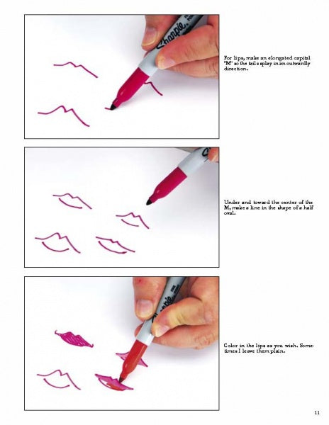 Three-step guide by Schiffer Publishing, Ltd. shows how to draw lips on Gourd Puppets and Dolls: outline wavy lines, add curved lines, then color one lip. Great for DIY details. Includes text instructions.
