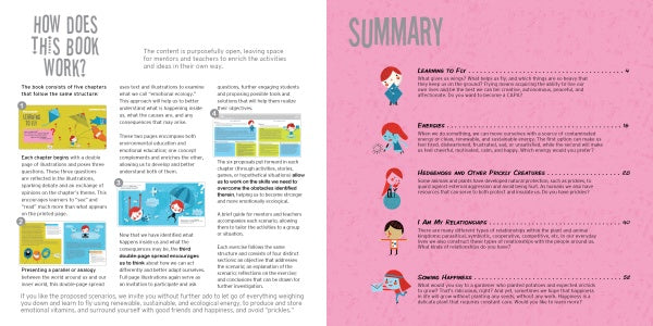 A two-page spread from "Relationship Navigators" by Schiffer Publishing, Ltd.: Left page shows how the book works with headings, short text, images, and icons; right page has a pink background, cartoon characters, and five chapter topics on kids' self-confidence.