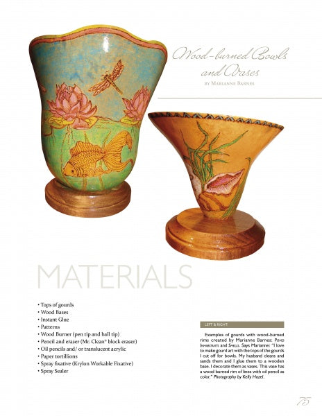 Creative Rims for Gourd Art by Schiffer Publishing, Ltd. showcases two wooden vases with lotus and dragonfly designs, plus a materials list, project details, and rim finishing tips displayed beside and below the vases.