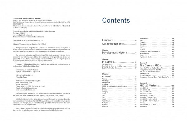 The left page lists publication and copyright details for "The MiG-29" by Schiffer Publishing, Ltd.; the right page shows a contents section with chapter titles and page numbers about the MiG-29 Soviet fighter aircraft.
