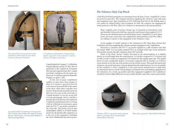 A spread from "Suppliers to the Confederacy Volume II" by Schiffer Publishing, Ltd. displays Civil War uniforms, a sepia soldier photo, imported arms, and black leather cap pouches, with detailed images and item descriptions.