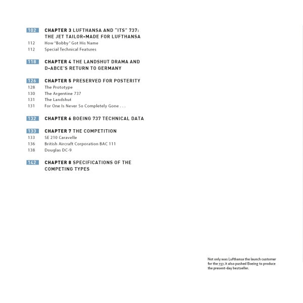 The table of contents covers chapters and topics on the Boeing 737 by Schiffer Publishing, Ltd., detailing features, prototypes, technical data, competitions, and specs. A brief note is at the bottom right.
