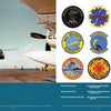 A Navy helicopter lands on a carrier deck as crew stand nearby. To the right, ten vibrant United States Navy Helicopter Patches by Schiffer Publishing, Ltd. represent diverse naval aviation units and squadrons.