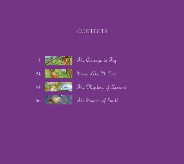 Rupert's Tales by Schiffer Publishing, Ltd. features a purple contents page with four nature-inspired entries—“The Courage to Fly,” “Some Like It Hot,” “The Mystery of Lessons,” and “The Sounds of Earth”—each with page numbers and small illustrations.