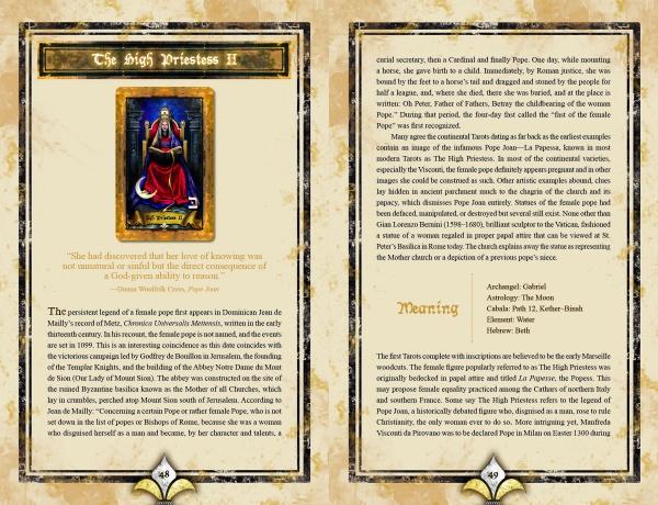 Two pages from Schiffer Publishing, Ltd.'s The Illuminati Tarot feature The High Priestess II: the left page presents an image, quote, and intro; the right provides an in-depth explanation based on Western mysticism and card meanings.