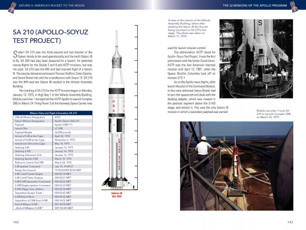 A two-page spread from Schiffer Publishing, Ltd.'s Saturn V features text and images on the Saturn V, a detailed rocket diagram, Apollo mission highlights, a rocket being moved indoors, and a Saturn V on the launch pad.