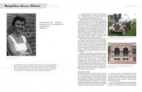 A woman smiles beside a brick wall on the left page. The right highlights a vintage car, arched building, and text about MaryEllen Green (Dohs) and her role in Damsels in Design from Schiffer Publishing, Ltd., celebrating industrial design history.