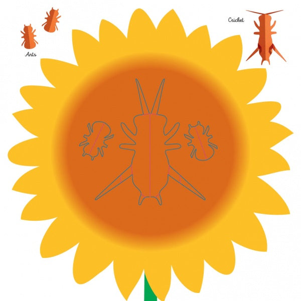 Illustration from "Insects" by Schiffer Publishing, Ltd.: a sunflower with orange origami insects—beginner-level ants and a cricket—outlined and labeled in the top corners.